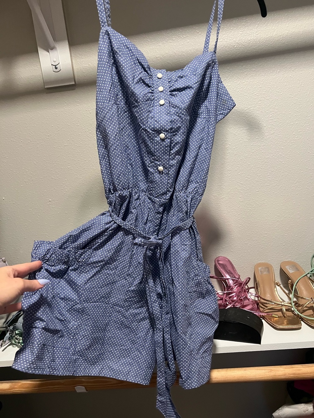 Heritage Blue Polka Dot Sleeveless Tie-Waist Mini Dress